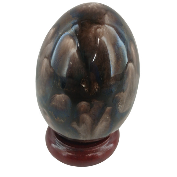Handcrafted Glazed Ceramic Egg Ornament with Stand Earth Tone Drip Glaze Finish - Picture 2 of 10